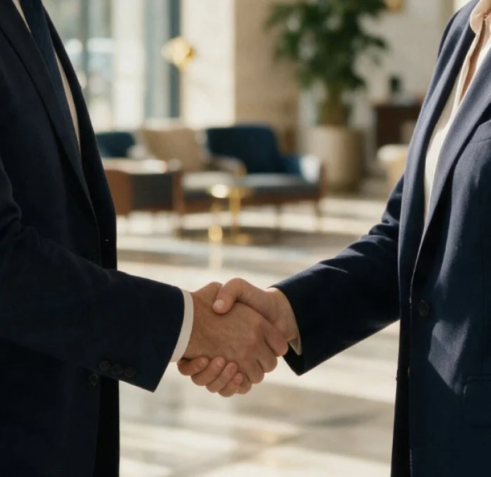 Aperto de mãos no saguão do escritório da Confiança Wealth