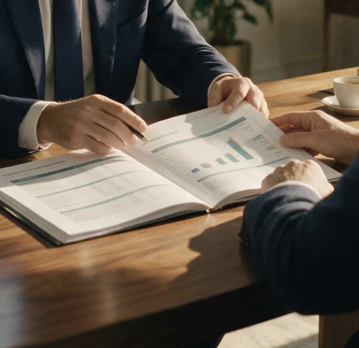 Sócios analisando documentos sobre a mesa de reunião